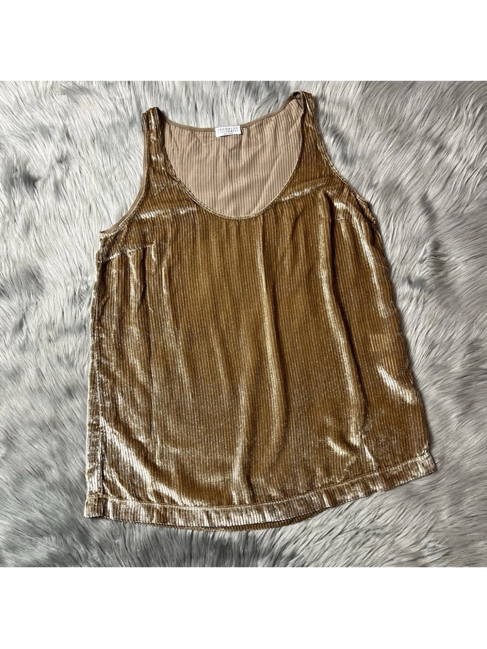 Brunello Cucinelli Metallic Gold Textured Viscose Silk Tank Top Small